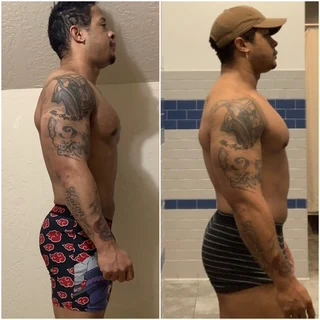 Client side-by-side before and after photo showing reduced body fat and improved posture