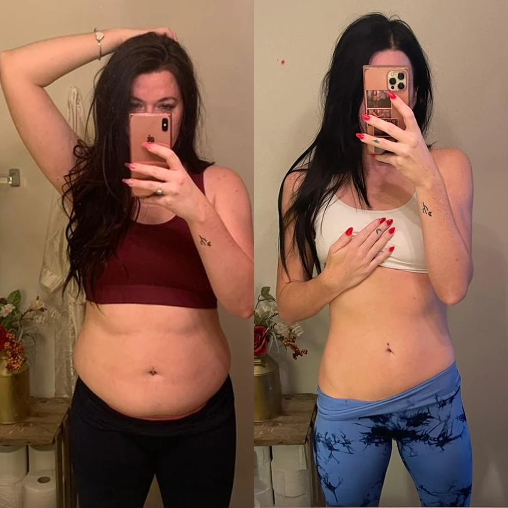 Client before and after showing significant midsection transformation and overall fat loss